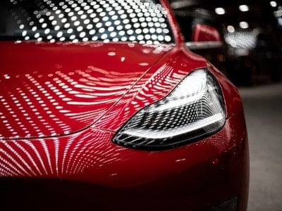 Red Tesla headlight front view