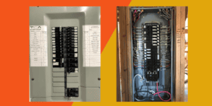 Photo of old electrical panel next to a newly replace electrical panel by TCA Electric in Vancouver, BC.