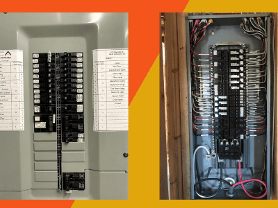 Photo of old electrical panel next to a newly replace electrical panel