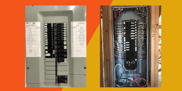 Photo of old electrical panel next to a newly replace electrical panel