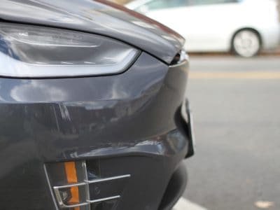 close up of a grey Tesla