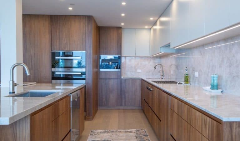 large modern wood veneer kitchen appliances with recessed and can lighting