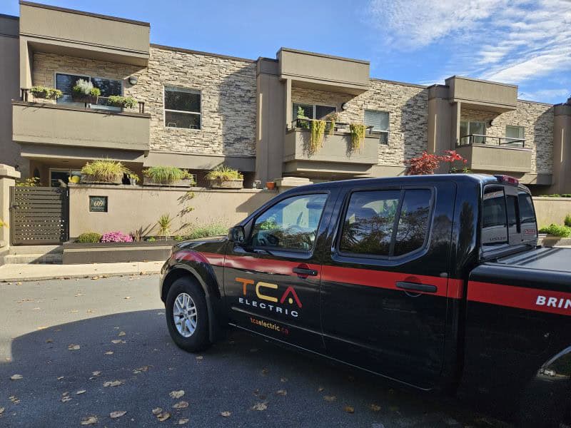 a TCA Electric company truck parked in a strata parking lot in Vancouver