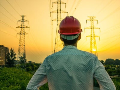 worker looking at electrical power poles in sunset TCA Electric Vancouver, BC