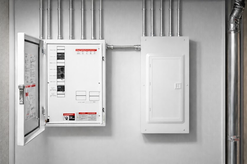 Modern white electrical panel boxes mounted with clean metal conduit showing what is involved in upgrading to 200 amp service in North Vancouver by TCA Electric.