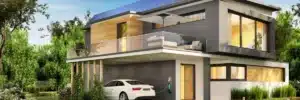 Modern two-story home integrating rooftop solar panels, electric vehicle charging station, and sustainable architecture—demonstrating a home energy management system by TCA Electric