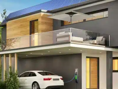 Modern two-story home integrating rooftop solar panels, electric vehicle charging station, and sustainable architecture—demonstrating a home energy management system by TCA Electric
