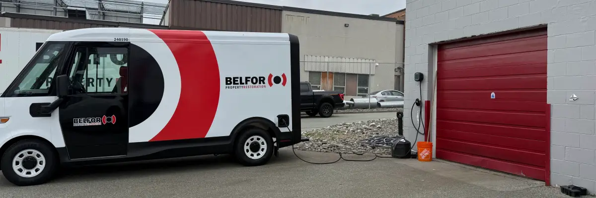A BELFOR Property Restoration electric utility van plugged into a newly installed commercial EV charging station outside a garage, illustrating commercial EV charging installation Vancouver service by TCA Electric.
