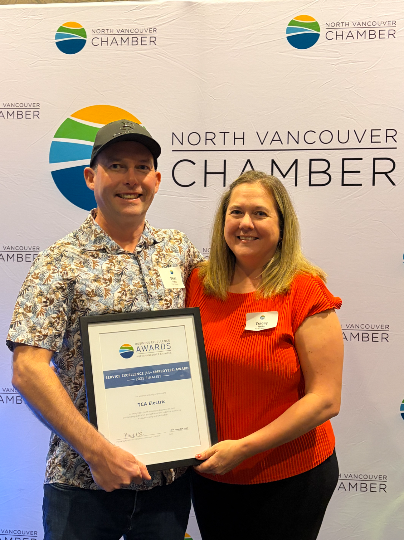 Owner Sean Tobin of TCA Electric accepting the 2025 Finalist Award for Service Excellence at the The North Vancouver Chamber’s annual Business Excellence Awards