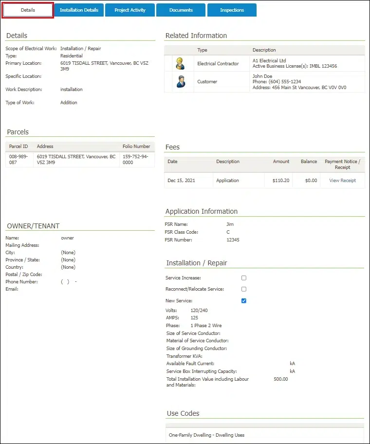 City of Vancouver electrical permit record showing Details tab with scope of work, parcels, contractor info, fees, and application data by TCA Electric in Vancouver