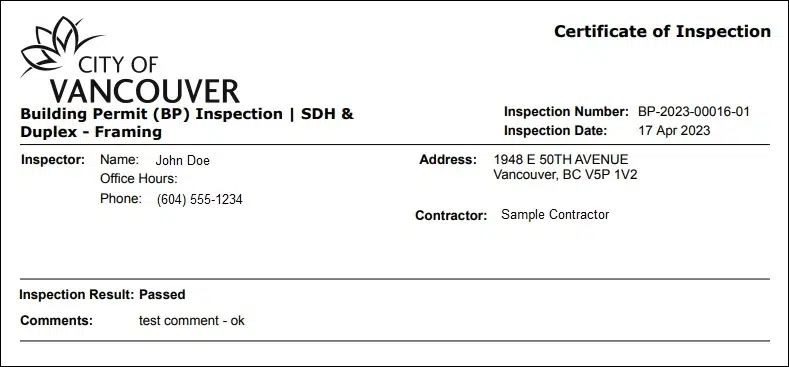 City of Vancouver certificate of inspection showing inspection number and result marked Passed for a Vancouver address by TCA Electric in Vancouver