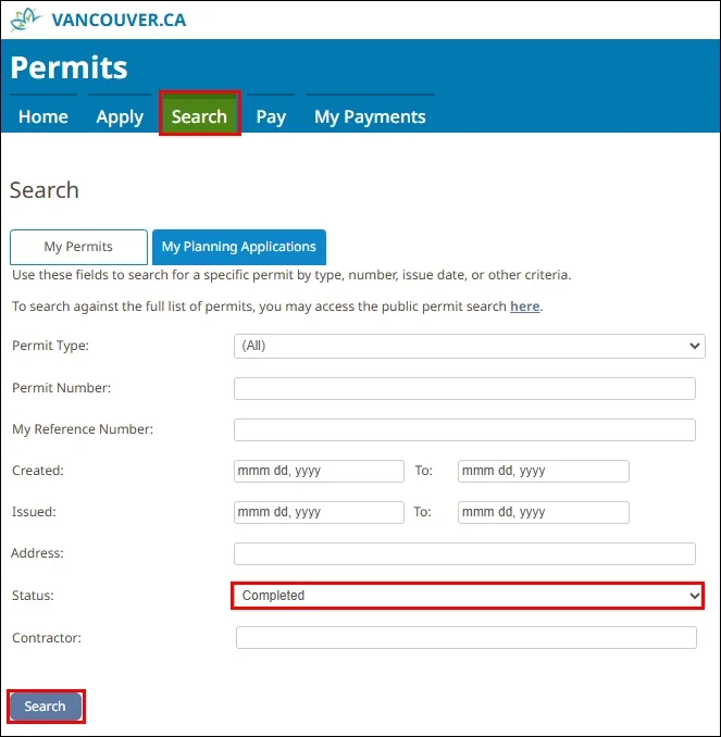 City of Vancouver electrical permits search page with fields for permit type, dates, address, and status set to Completed by TCA Electric in Vancouver