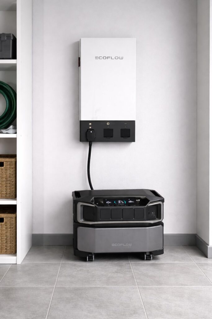 TCA Electric energy storage solutions featuring an EcoFlow Smart Home Panel 2 in utility room connected to a DELTA Pro battery for seamless residential power backup.