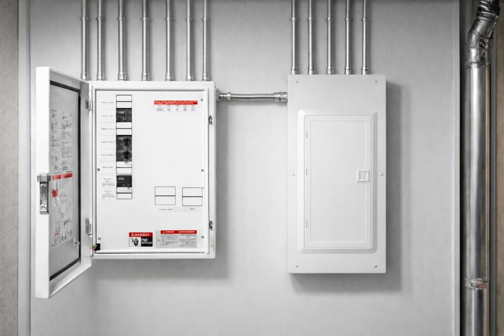 TCA Electric energy storage solutions: A close-up of a PointGuard LoadHub smart panel showing expert electrical wiring and circuit management for home backup.