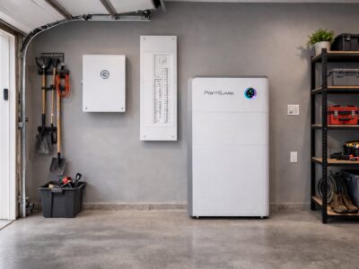 Organized garage with modern home energy system, PointGuard unit, garden tools, and storage shelves in Vancouver