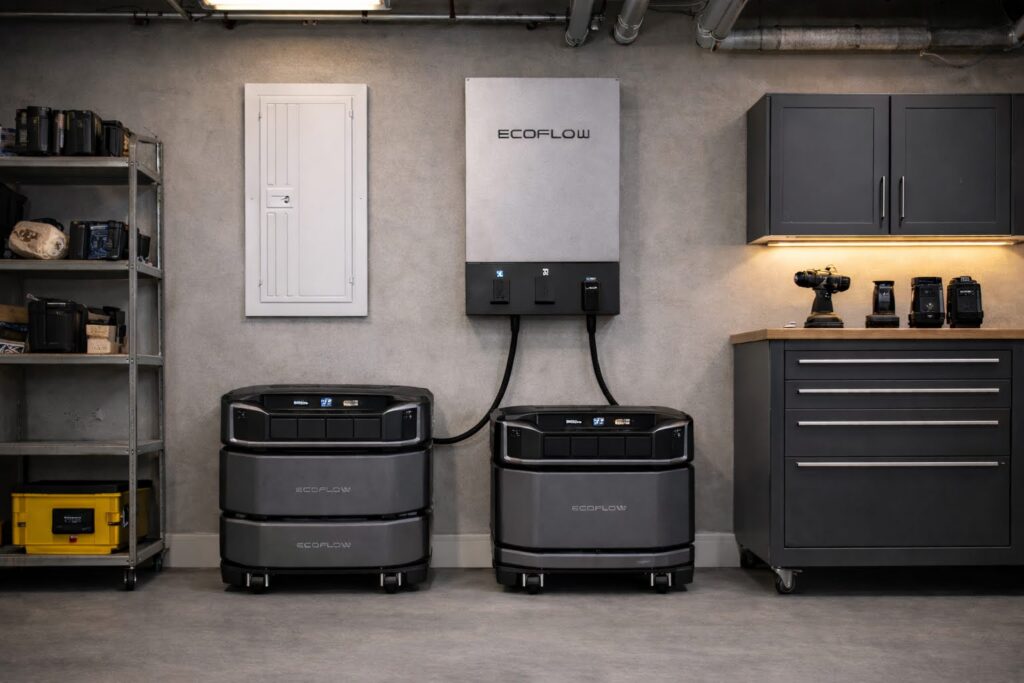 EcoFlow battery storage units connected to a wall-mounted inverter and subpanel supplying whole home backup power BC in North Vancouver by TCA Electric.