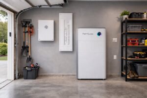Modern PointGuard battery storage unit and electrical panel set up for whole home backup power BC in North Vancouver by TCA Electric.